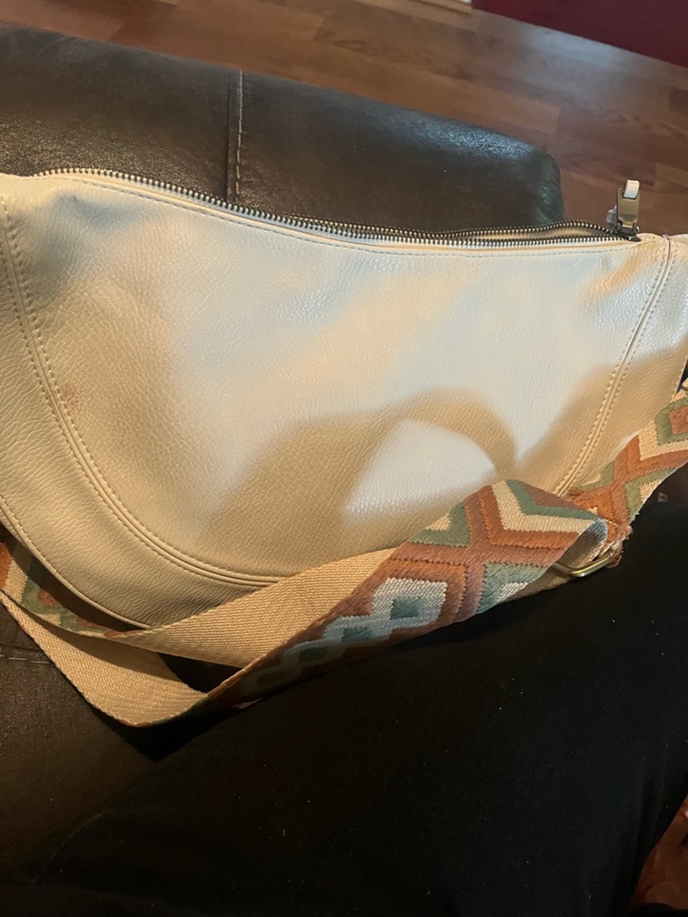 Cream Leather Crossbody Bag with Patterned Strap